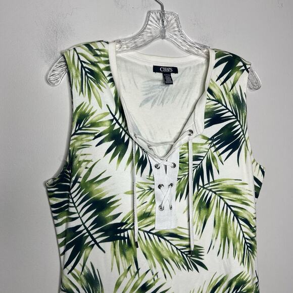 Chaps Dress Womens XL‎ White Green Palm Leaf Print Cotton Tropical Resort Wear - Picture 6 of 8